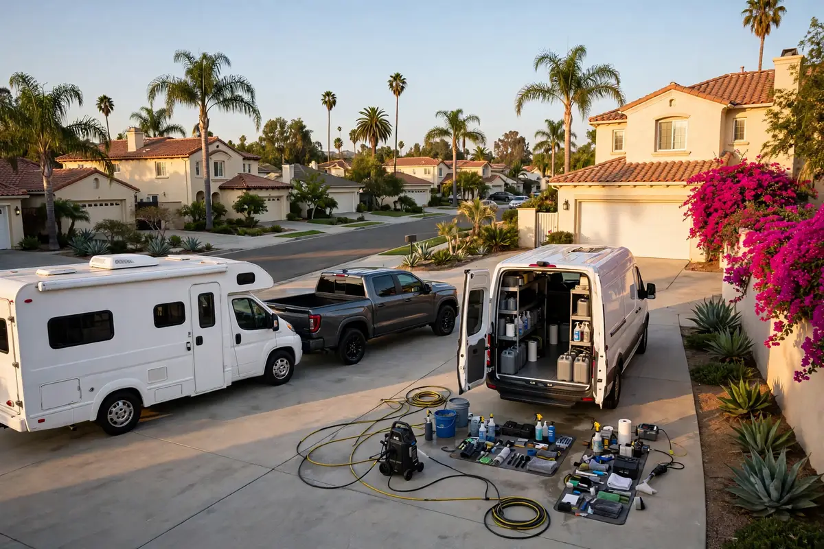 A campervan and truck in a wide Orange County driveway ready for a mobile detail