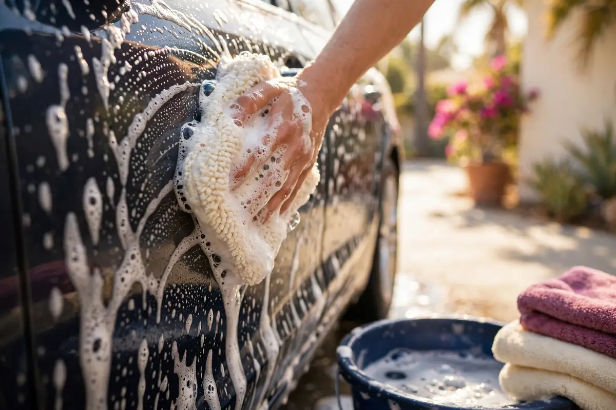 Hand washing a soapy car panel with a wash mitt