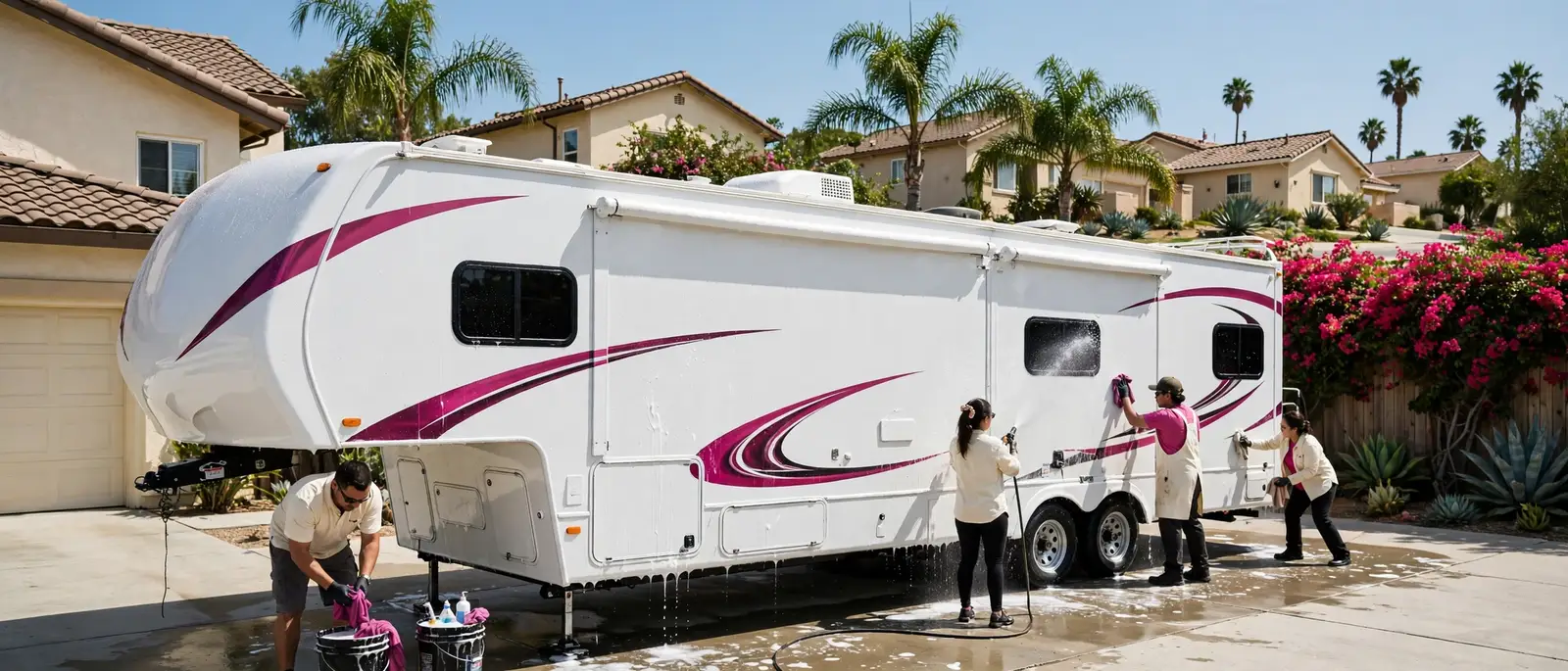 A white fifth-wheel trailer being hand washed in a sunny Anaheim driveway