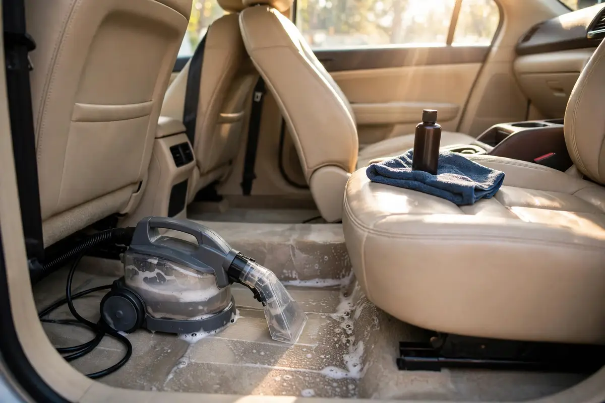 Car interior being shampooed and conditioned during a detail